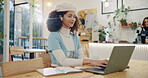 Coffee shop, laptop and woman with earphones for remote work, typing email and networking. University, restaurant and person working on computer in cafe for online learning, research and education