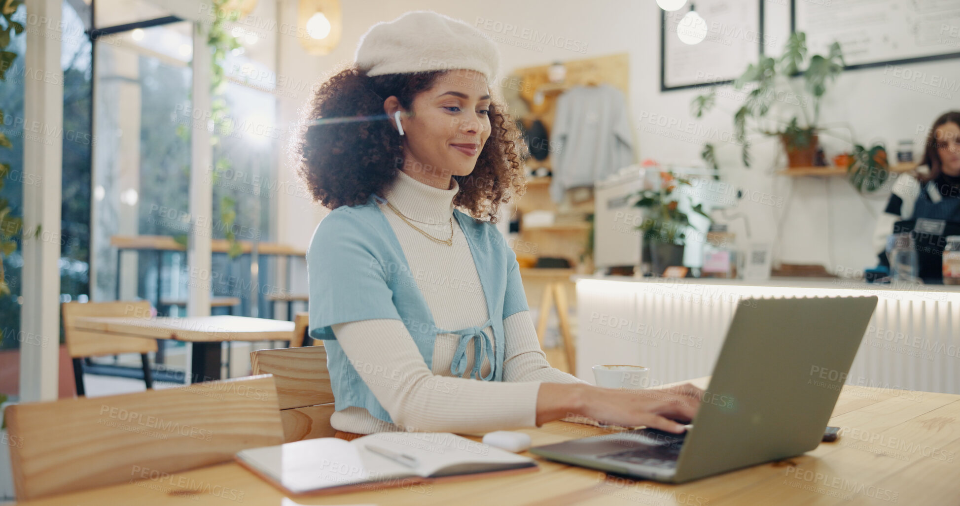 Buy stock photo Coffee shop, laptop and woman with earphones for remote work, typing email and networking. University, restaurant and person working on computer in cafe for online learning, research and education