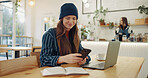 Phone, laptop and woman in cafe for freelance design job, online research and digital networking. Notes, computer and creative girl in coffee shop for remote work, planning and scroll on smartphone