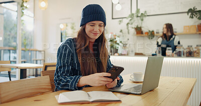 Buy stock photo Phone, laptop and woman in cafe for freelance design job, online research and digital networking. Notes, computer and creative girl in coffee shop for remote work, planning and scroll on smartphone