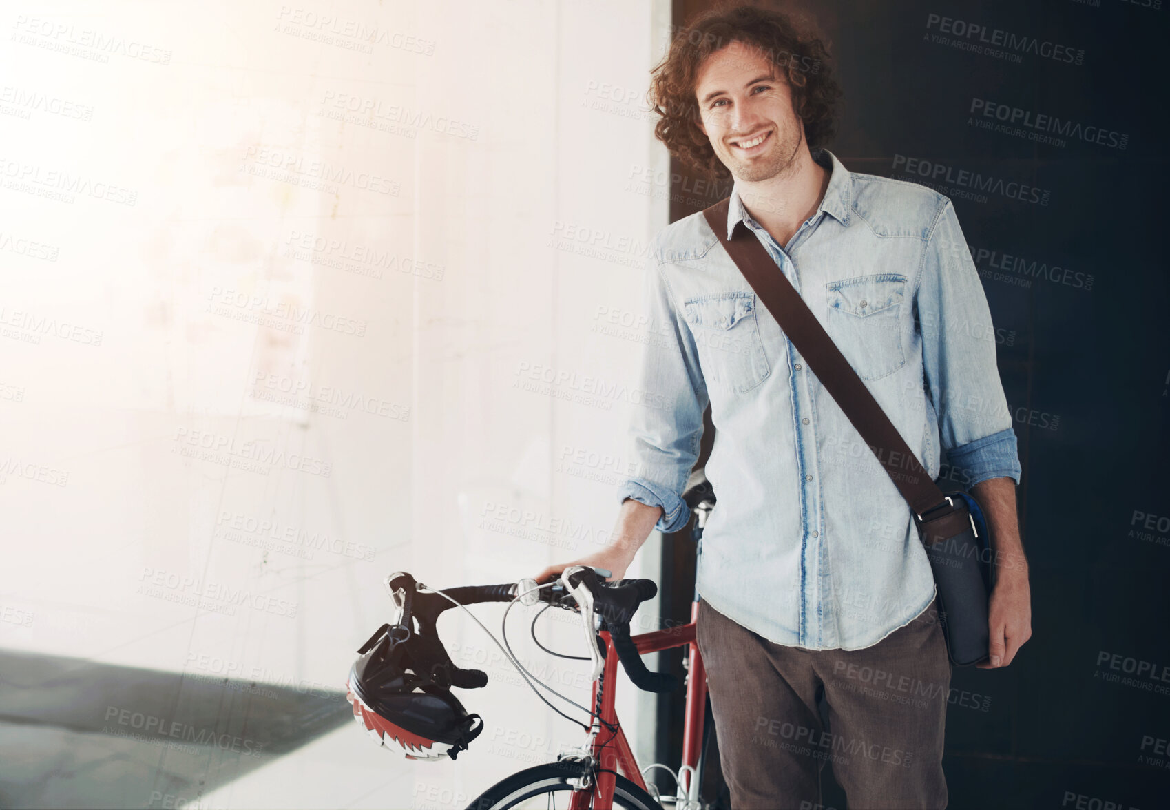 Buy stock photo Portrait, bicycle and business man in office for creative startup, happy career and internship opportunity. Young person, designer or employee with bike, carbon footprint and startup job in workplace