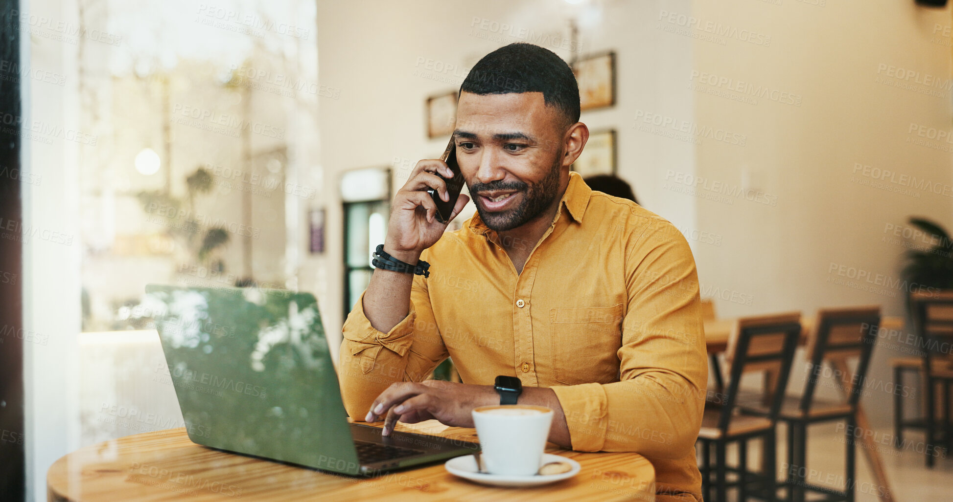 Buy stock photo Man, cafe and laptop on phone call for with remote work as business consultant with communication. Entrepreneur, freelancer and browsing website for research or networking for project at coffee shop