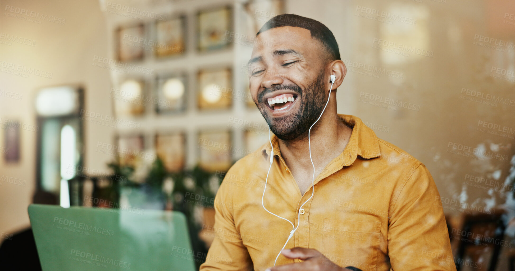 Buy stock photo Man, cafe and happy on laptop with video call for communication and networking as restaurant manager. Entrepreneur, virtual meeting and laughing or smile on webinar or conference with good news