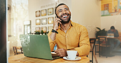 Buy stock photo Man, cafe and happy on phone call with laptop for remote work as business consultant for communication. Entrepreneur, freelancer and laugh or smile with conversation or networking with goods news