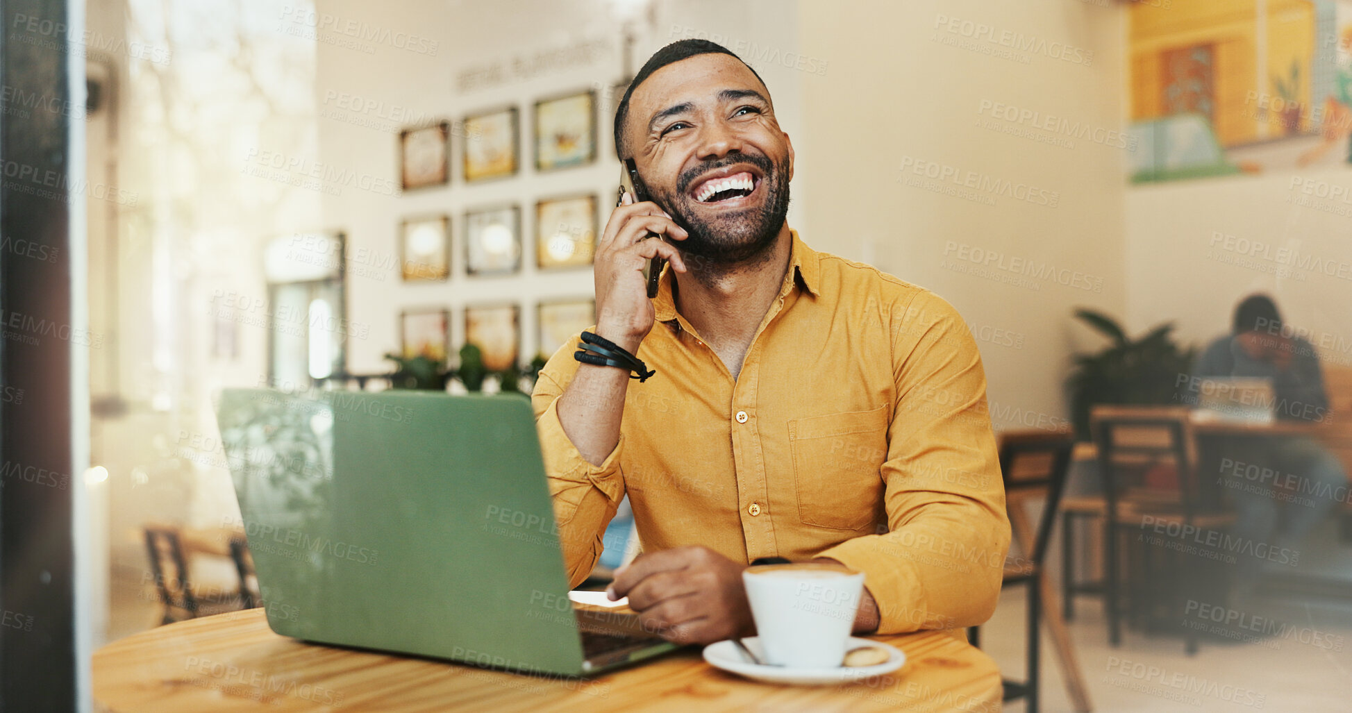 Buy stock photo Man, cafe and happy on phone call with laptop for remote work as business consultant for communication. Entrepreneur, freelancer and laugh or smile with conversation or networking with goods news