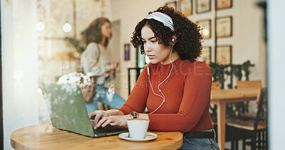 Buy stock photo Remote work, laptop and woman in cafe, typing and live streaming with internet, connection and research. Person, copywriting and freelancer in coffee shop, pc and espresso with project and planning