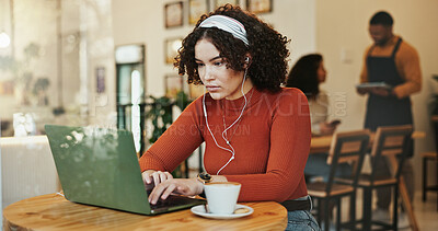 Buy stock photo Remote work, laptop and woman in cafe, internet and live streaming with research, connection and tea. Person, copywriting and freelancer in coffee shop, computer and espresso with project and network