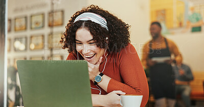 Buy stock photo Remote work, laptop and woman in cafe, excited and live streaming with internet, connection and tea. Person, copywriting and freelancer in coffee shop, pc and espresso with celebration and research