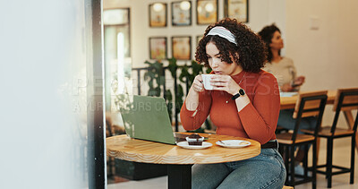 Buy stock photo Woman, cafe and drinking coffee on laptop for remote work, freelancer and research as journalist. Female person, restaurant and reading on internet or online for information, news update or headline