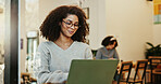 Remote work, pc and woman in cafe, smile and research with internet, connection and online reading. Person, copywriting and freelancer in restaurant, computer and espresso with project and web design
