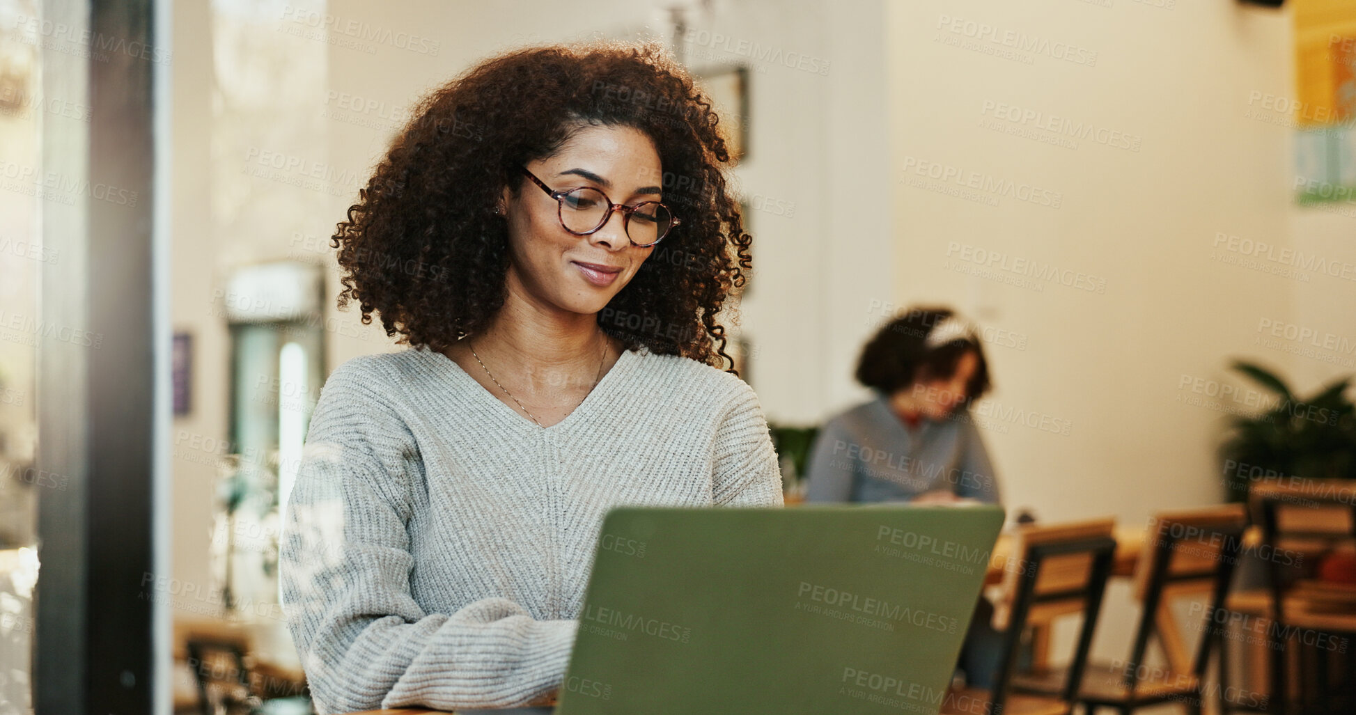 Buy stock photo Remote work, pc and woman in cafe, smile and research with internet, connection and online reading. Person, copywriting and freelancer in restaurant, computer and espresso with project and web design