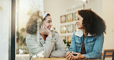 Buy stock photo Women, friends and happy at cafe for date with conversation, laughing and bonding. People, coffee shop and smile on break for fun, relax and enjoy with reunion for sisterhood, support and car