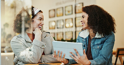 Buy stock photo Women, friends and smile at cafe on tablet with goods news or email notification for job interview. People, sisterhood and happy or excited on website or online post  for rewards and bonus on date