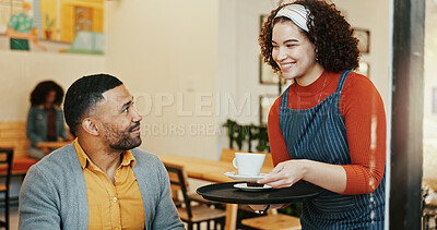 Buy stock photo Hospitality, man and waitress in cafe with drink, client order and smile at table. Barista woman, male customer and service in restaurant for latte, small business and local support in coffee shop