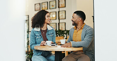 Buy stock photo Date, coffee and couple with smile, cafe and bonding with conversation, communication or together. Morning, breakfast and woman with muffin, love and talking to man with care or happy in relationship