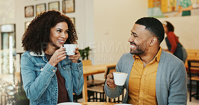 Buy stock photo People, couple and happy for coffee date in cafe for bonding, love and support with care. Relationship, lovers and smile at restaurant for romance, fun and conversation with drinking tea on break