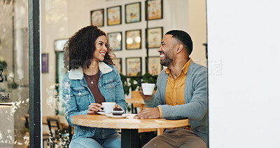 Buy stock photo People, couple and smile for coffee date in cafe for bonding, love and support with care. Relationship, lovers and happy at restaurant for romance, fun and conversation with drinking tea on break