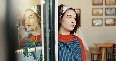 Buy stock photo Thinking, waiting and woman at coffee shop entrance for opening with vision of hospitality future. Cafe, door and retail with idea of restaurant owner or waitress at store for planning or service