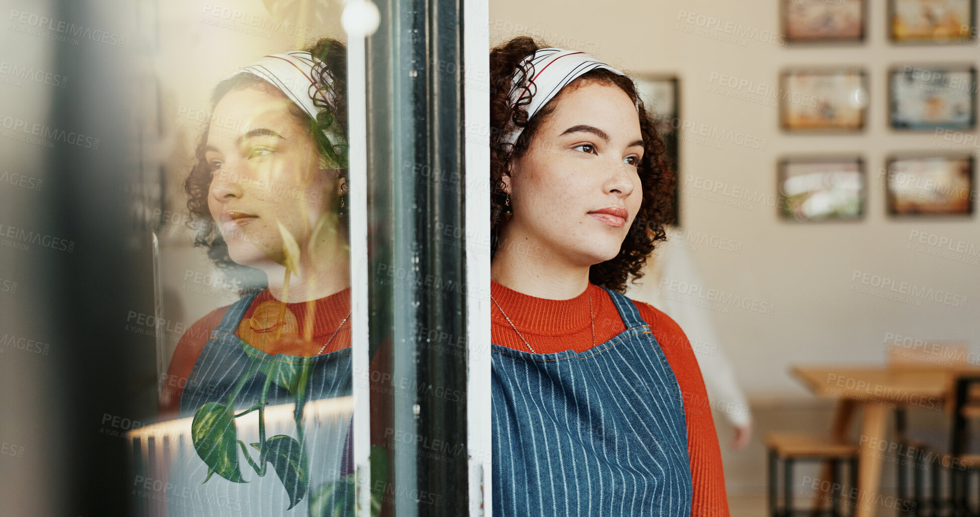 Buy stock photo Thinking, waiting and woman at coffee shop entrance for opening with vision of hospitality future. Cafe, door and retail with idea of restaurant owner or waitress at store for planning or service