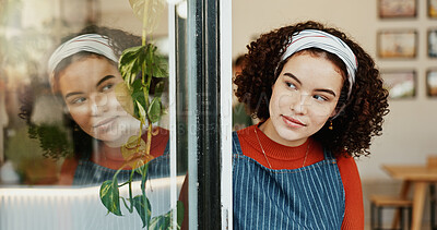 Buy stock photo Ready, thinking and woman at coffee shop entrance for welcome with idea of startup hospitality. Cafe, door and retail with restaurant owner or waitress at store for greeting, service or waiting