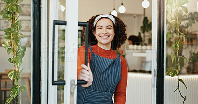 Buy stock photo Portrait, welcome and woman at coffee shop door for opening with friendly smile of hospitality. Cafe, entrance and retail with happy restaurant owner or waitress at store for greeting or service