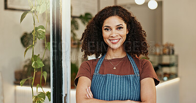 Buy stock photo Portrait, arms crossed and happy woman in coffee shop to offer good service or friendly hospitality. Cafe, proud restaurant owner or waitress at store ready for assistance or greeting in reception