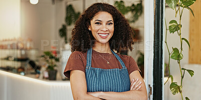 Waitress, woman and happy with arms crossed at cafe with confidence in startup, growth and ownership. Coffee shop, small business and portrait with smile for restaurant progress and investment