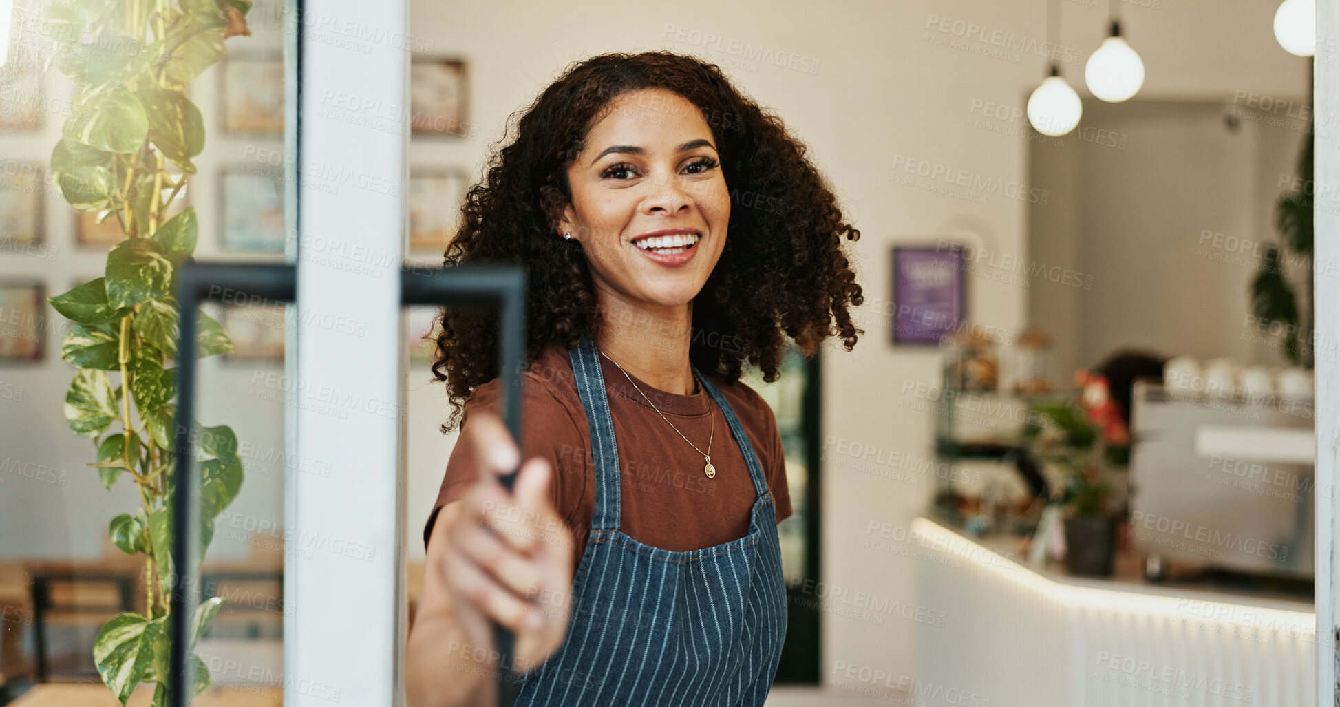 Buy stock photo Portrait, welcome and woman opening coffee shop door with friendly smile of hospitality. Cafe, retail and small business with happy restaurant owner or waitress at store for greeting or service