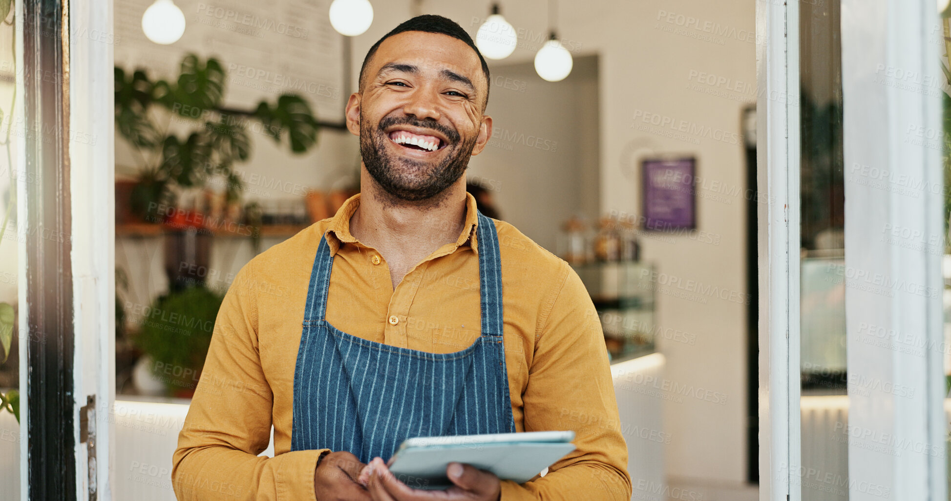 Buy stock photo Small business, man and cafe portrait with tablet, happy employee and online inventory or website order. Hospitality, coffee shop and doorway for customer service, waiter and restaurant with internet