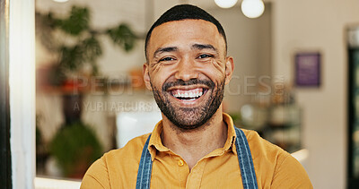 Buy stock photo Portrait, smile and man at coffee shop entrance for opening with friendly welcome of hospitality. Cafe, glass door and retail with happy restaurant owner or waiter at store for greeting or service