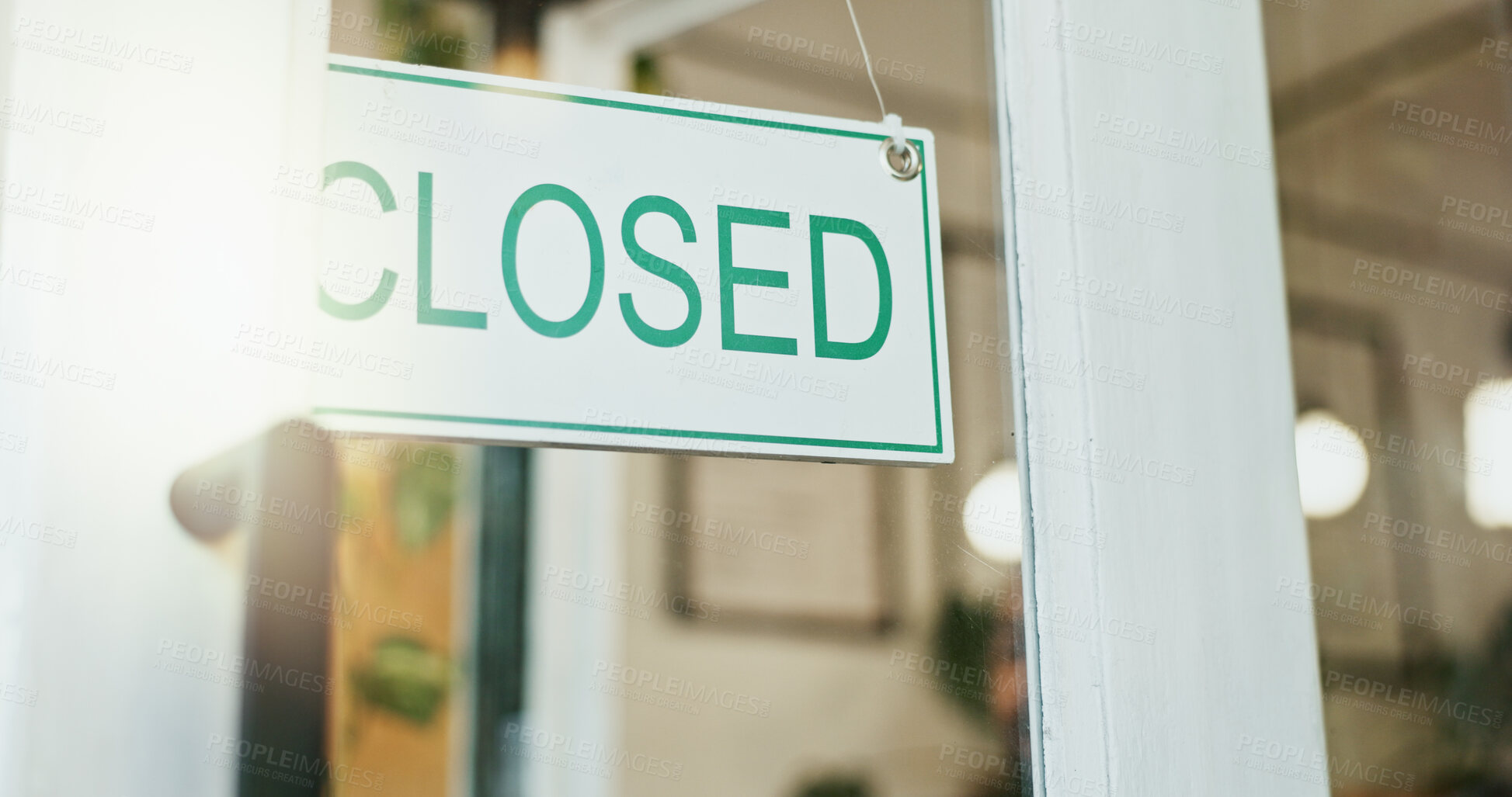 Buy stock photo Closed sign on window, small business and cafe with startup, poster and message for coffee shop. Economy, closing time and bankruptcy with board, info and fail with inflation, notice and restaurant