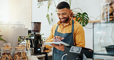 Buy stock photo Waiter, smile and tablet in coffee shop for business, online order and delivery service platform. Male barista, tech and software in restaurant for POS, stock management or company information update