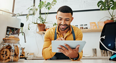 Waiter, tablet and smile in cafe for hospitality, website and service with virtual menu, stock and app. Black man, tech and happy in restaurant for online order, inventory and digital transformation