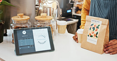 Buy stock photo Small business, tablet and payment with person in cafe, customer bill and online processing with digital app. Cafeteria, paper bag and screen interface with server staff, fintech and coffee shop sale