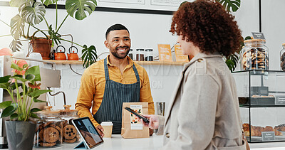 Buy stock photo Woman, smartphone and tablet with cashier in coffee shop to pay for sale, ecommerce and digital checkout. Customer, happy and technology for internet banking, payment and online transaction in cafe.