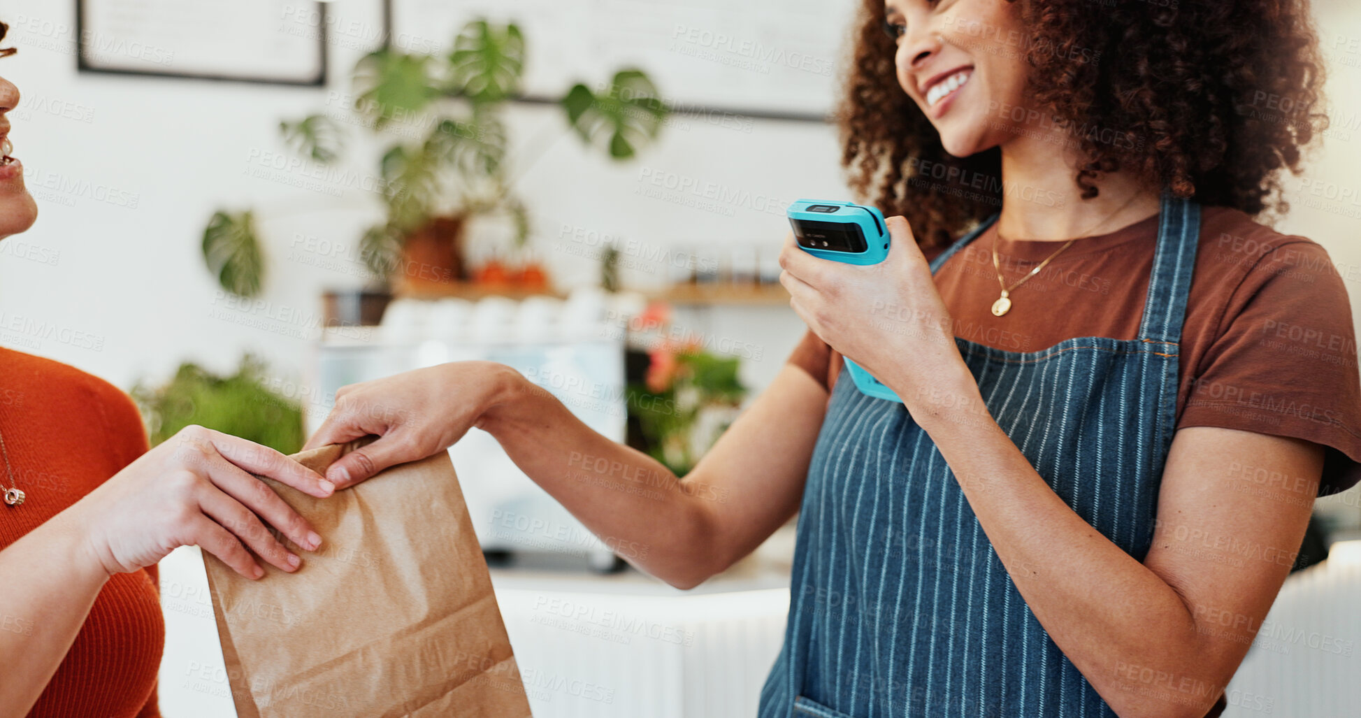 Buy stock photo Waitress, hands and giving customer bag in cafe for service, payment and pos with fintech transaction. Woman, tech and smile in restaurant with card machine for exchange, sale and fast food takeaway