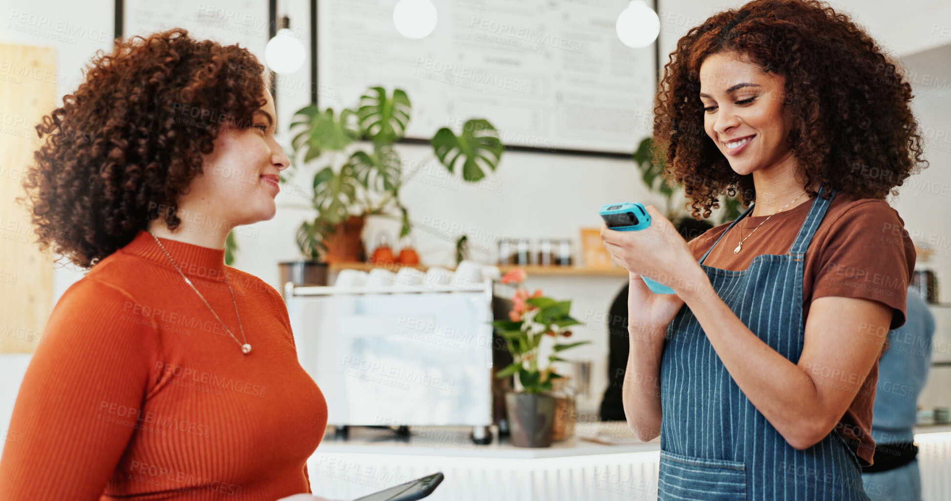 Buy stock photo Woman, smartphone and nfc with waiter in coffee shop to pay for sale, ecommerce and digital checkout. Customer, happy and technology for internet banking, payment and online transaction in cafe.