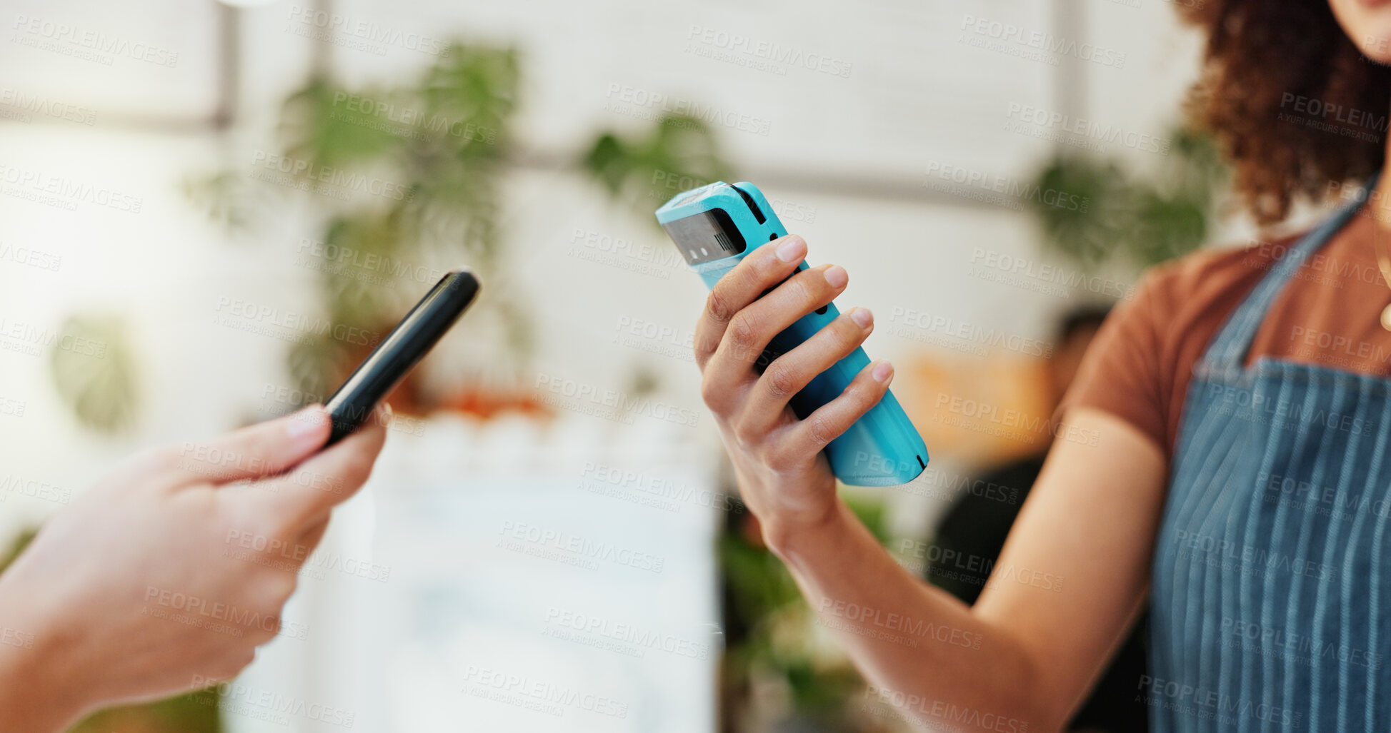 Buy stock photo Woman, hands and nfc with smartphone to pay in coffee shop for sale, ecommerce and digital checkout. Closeup, waiter and cafe with technology for internet banking, payment and online transaction.