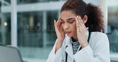 Buy stock photo Stress, doctor and woman in office, headache and thinking of medical research for diagnosis of disease. Hospital, migraine and person with burnout for healthcare, concentration and working with pain