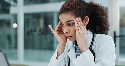 Buy stock photo Stress, doctor and reading in office, headache and thinking of medical research for diagnosis of disease. Hospital, migraine and woman with burnout for healthcare, concentration and working with pain