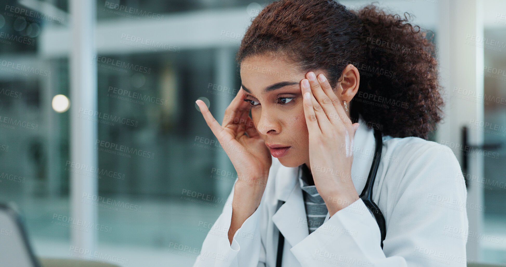 Buy stock photo Stress, doctor and reading in office, headache and thinking of medical research for diagnosis of disease. Hospital, migraine and woman with burnout for healthcare, concentration and working with pain