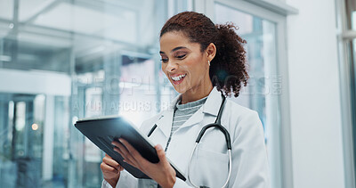 Buy stock photo Tablet, woman and doctor with telehealth, research and wellness support at hospital with tech. Digital, smile and online medical advice with clinic app for planning and web results for consultation