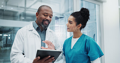 Buy stock photo Surgeon, results or doctors with tablet, planning or people reading health treatment in hospital. Meeting, teamwork or online medical advice on clinic app for web consultation or diagnosis research