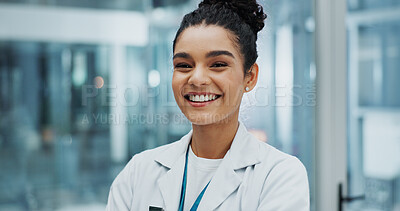 Buy stock photo Doctor, portrait and happy in hospital for healthcare, wellness and professional medical service. Woman, face and smile in clinic for health advice, confidence and consultation during internship