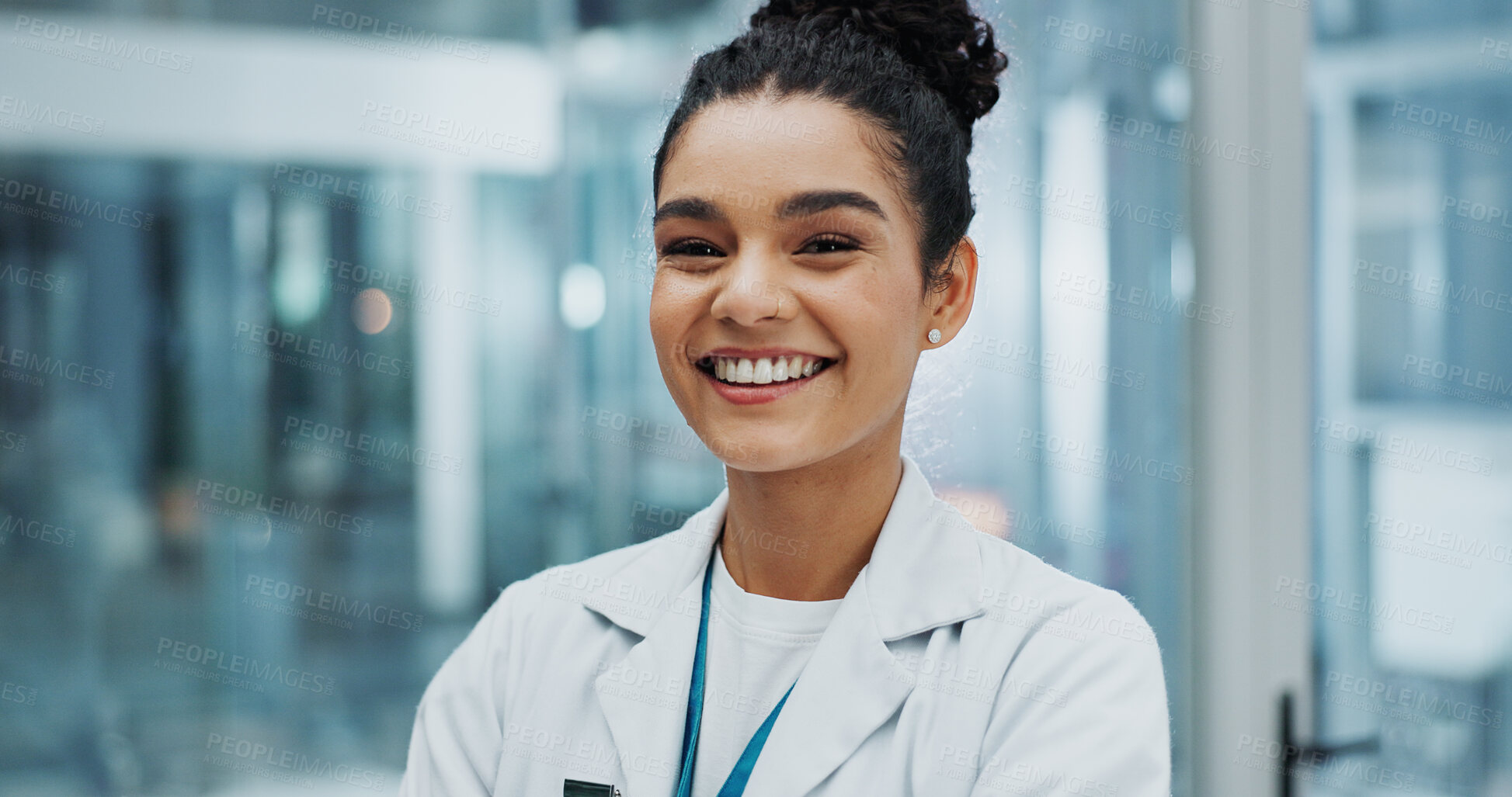 Buy stock photo Doctor, portrait and happy in hospital for healthcare, wellness and professional medical service. Woman, face and smile in clinic for health advice, confidence and consultation during internship