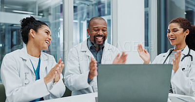 Buy stock photo Excited, laptop results or doctors clapping for good news or surgeon to celebrate health success or progress. Meeting, research development or online medical innovation in hospital for achievement