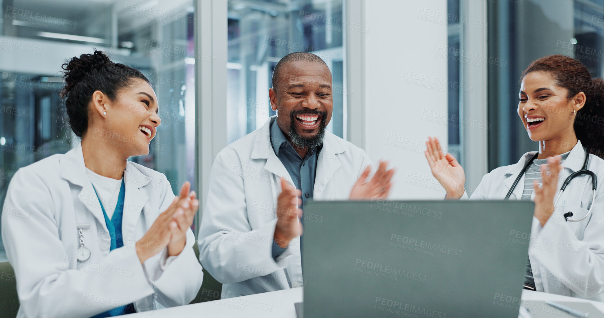 Buy stock photo Excited, laptop results or doctors clapping for good news or surgeon to celebrate health success or progress. Meeting, research development or online medical innovation in hospital for achievement