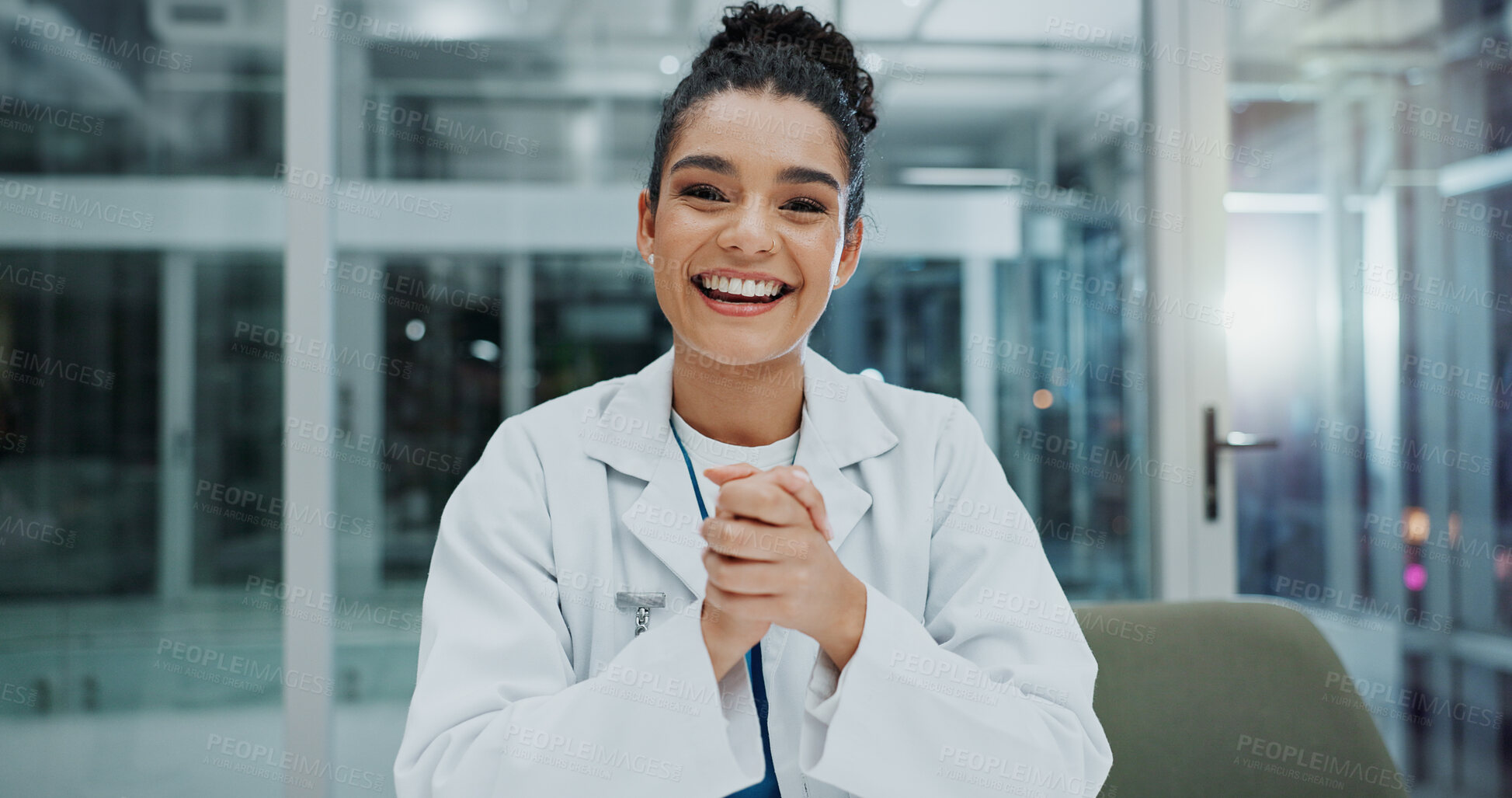 Buy stock photo Doctor, happy and consulting in hospital for healthcare, wellness and professional medical service. Woman, portrait and communication in clinic for health, medicine and conversation as internship