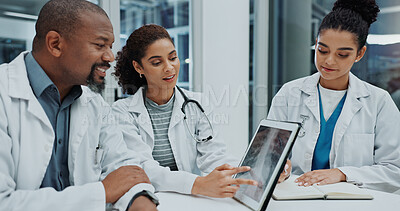 Buy stock photo Happy people, doctor and x ray scan with tablet in meeting for planning surgery, exam or test at hospital. Group of medical employees in team discussion on technology for MRI or examination results