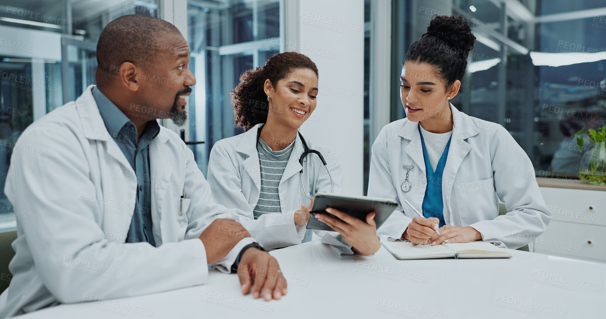 Buy stock photo People, doctor and team with tablet in meeting for healthcare, communication or news at hospital. Group of medical employees with smile on technology for discussion, ideas or online app at clinic